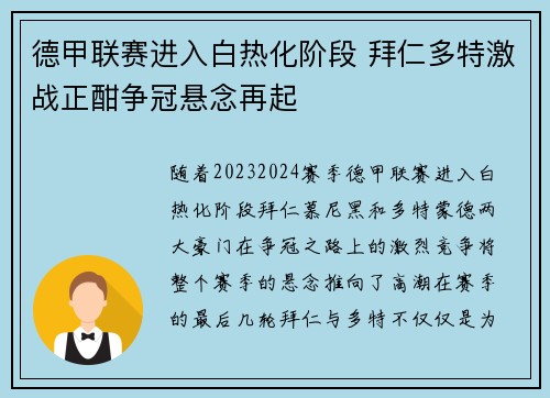 德甲联赛进入白热化阶段 拜仁多特激战正酣争冠悬念再起