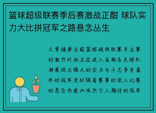 篮球超级联赛季后赛激战正酣 球队实力大比拼冠军之路悬念丛生