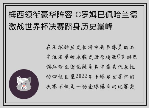 梅西领衔豪华阵容 C罗姆巴佩哈兰德激战世界杯决赛跻身历史巅峰